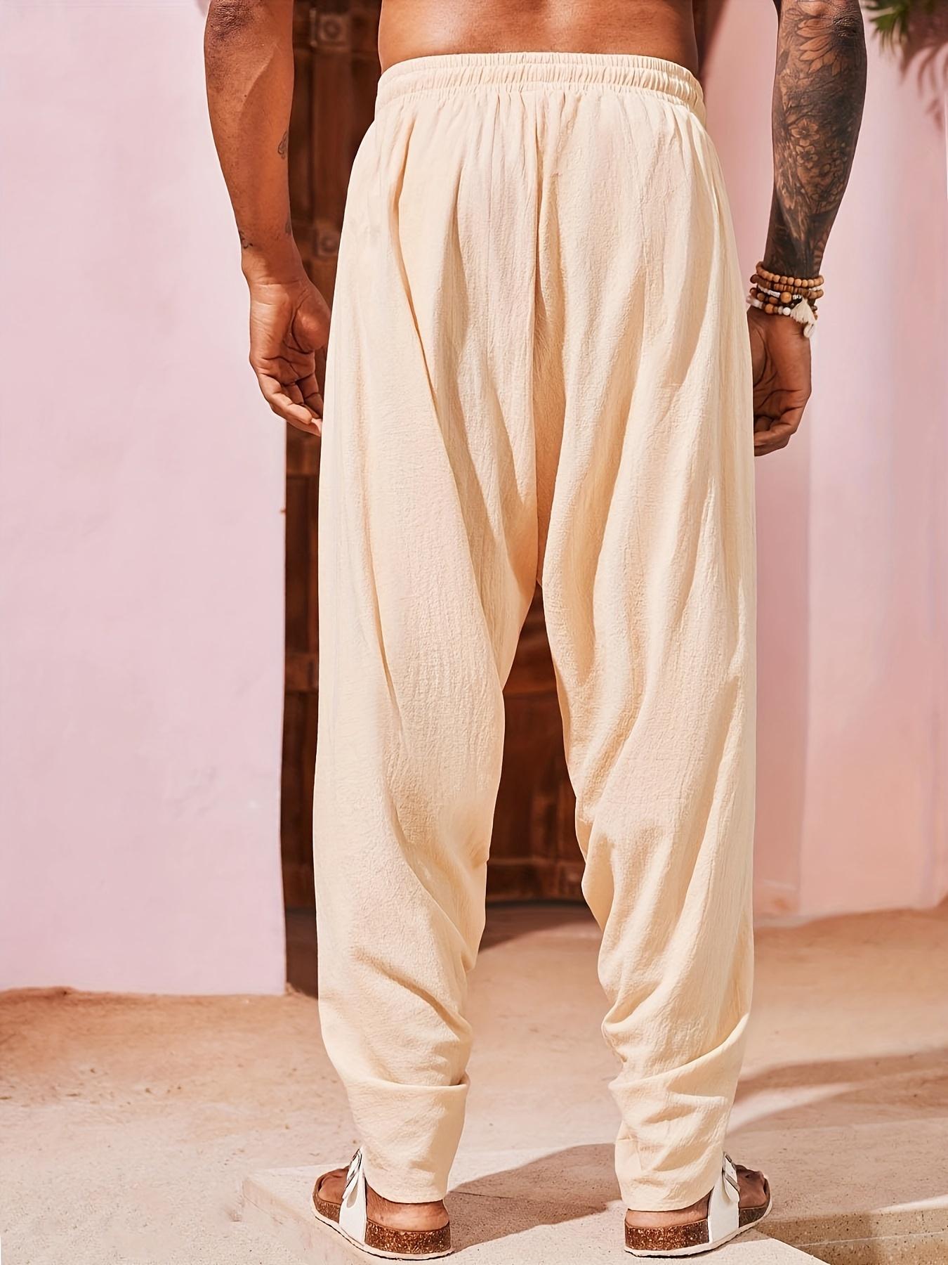 Men's Linen Harem Pants Casual Elastic Waist Pants Loose Bohemian Yoga Hippie Summer Beach Kurta Dhoti Pants Menswear Trouser