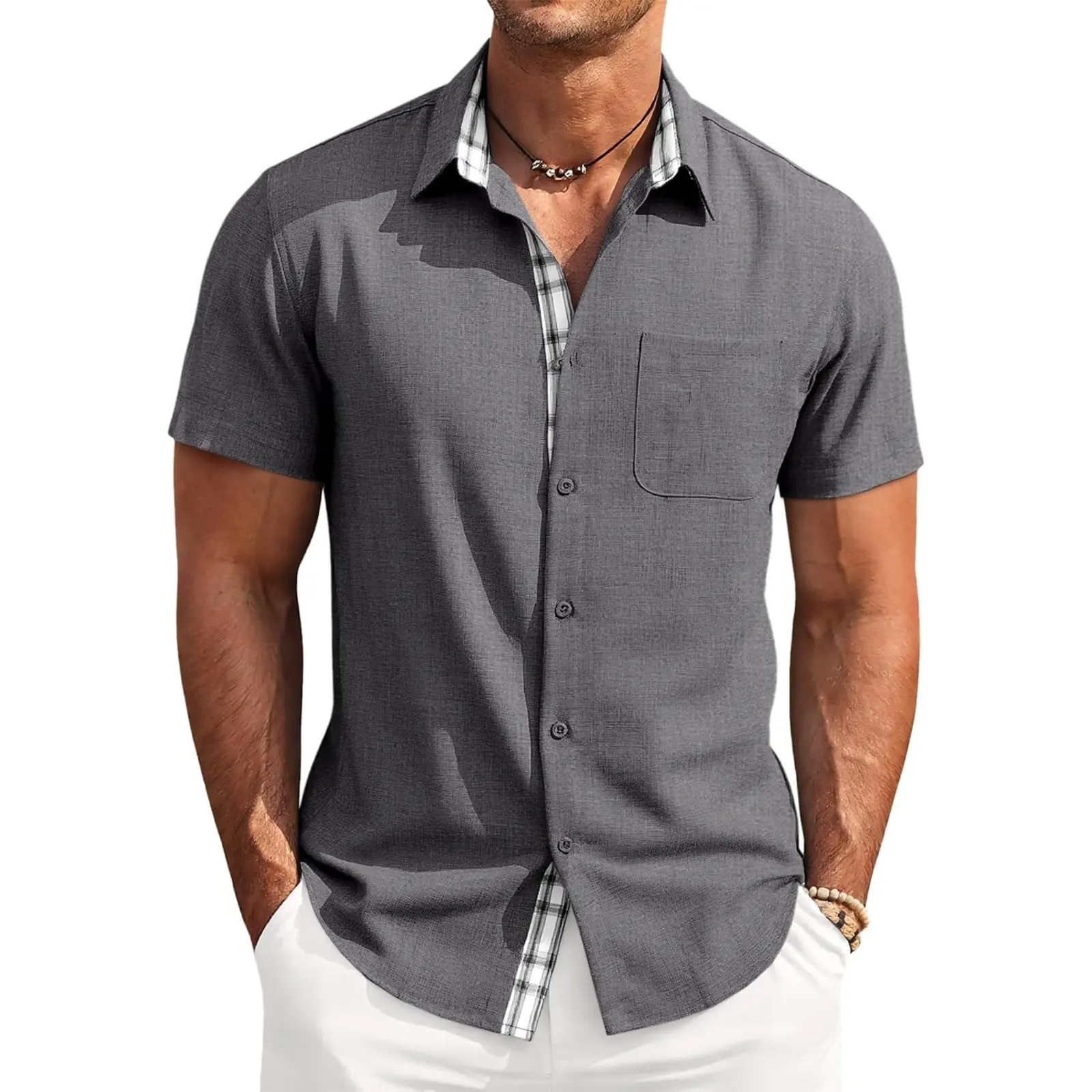 Aoysky Mens Short Sleeve Shirt Button Down Casual Summer Linen Beach Shirts Vacation Wedding Tops with Pocket