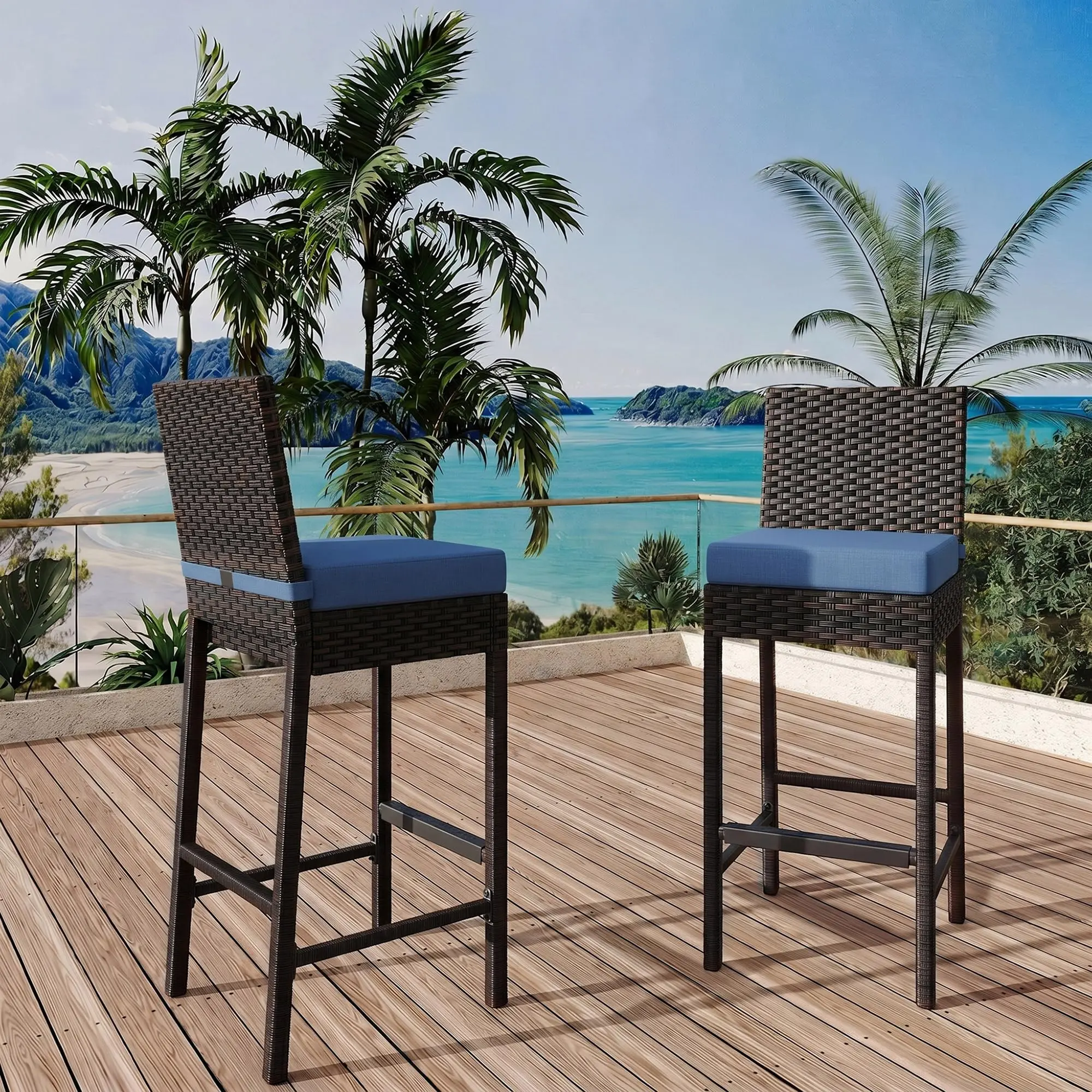 2PC Outdoor Wicker Bar Stools,Patio Rattan Barstools for Backyard