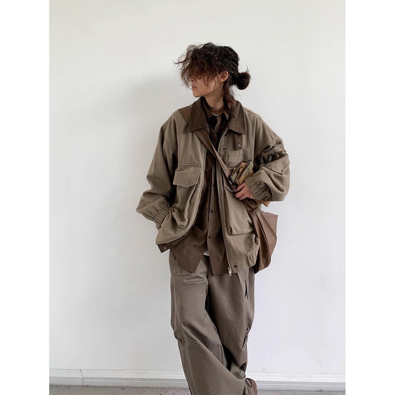 BIGWIG Unisex Japanese Retro Multi-Pocket Lapel Work Jacket & Matching Shirt, Loose Fit Versatile Wasteland Style Outfit for Men & Women