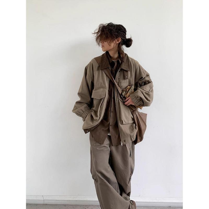 BIGWIG Unisex Japanese Retro Multi-Pocket Lapel Work Jacket & Matching Shirt, Loose Fit Versatile Wasteland Style Outfit for Men & Women