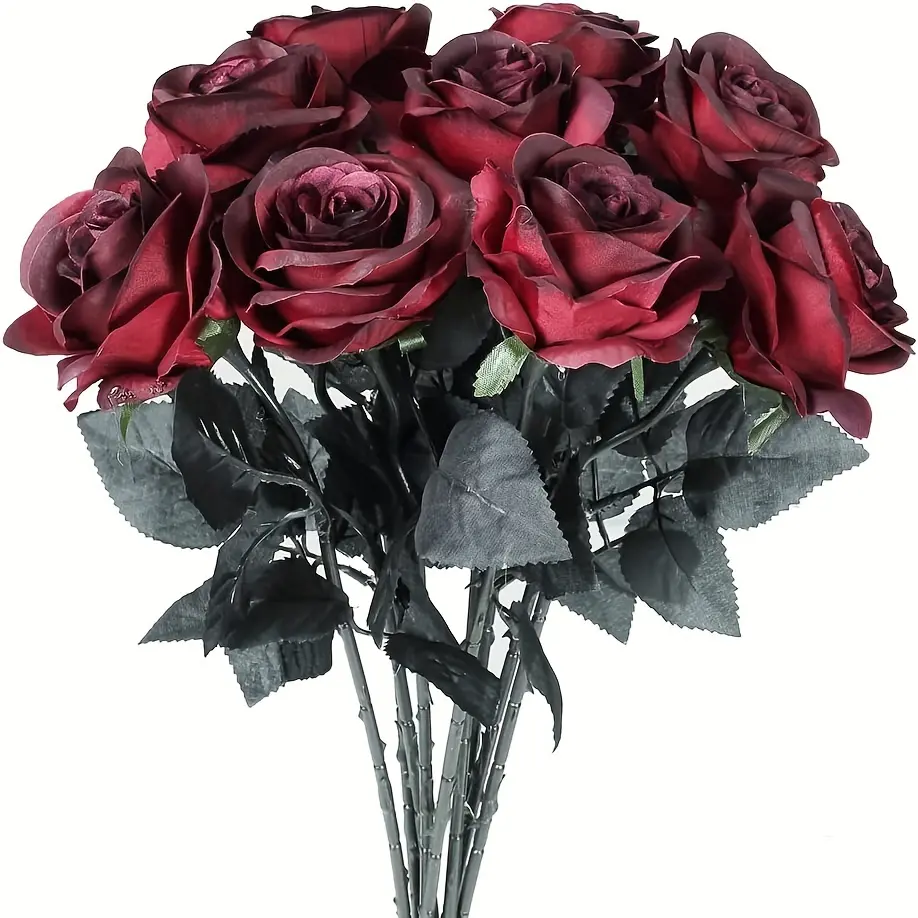 10pcs Black/Red Artificial Roses with Stems - Realistic Faux Flowers for Gothic Weddings, Halloween Decor, and Home/Office/Hotel Decorations, Romantic Room Accent | Realistic Flowers | Lifelike Artificial Roses, Bouquet Accessories