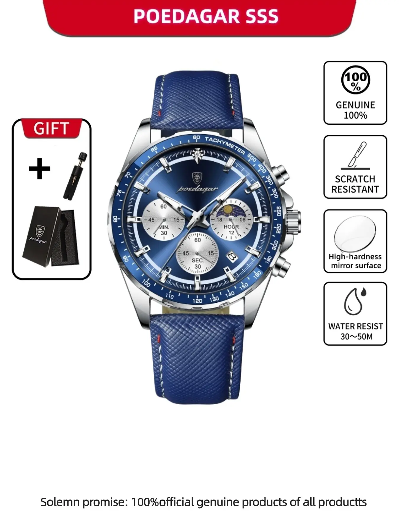 Poedagar Fashion Luxury Men's Watch Fashionable Waterproof Watch Waterproof Timing Watch Date Week Casual Men's Leather Quartz Watch Men's Watch Suitable for Daily Wear, Preferred Gift, Modern Waterproof Watch Fashionable Watches