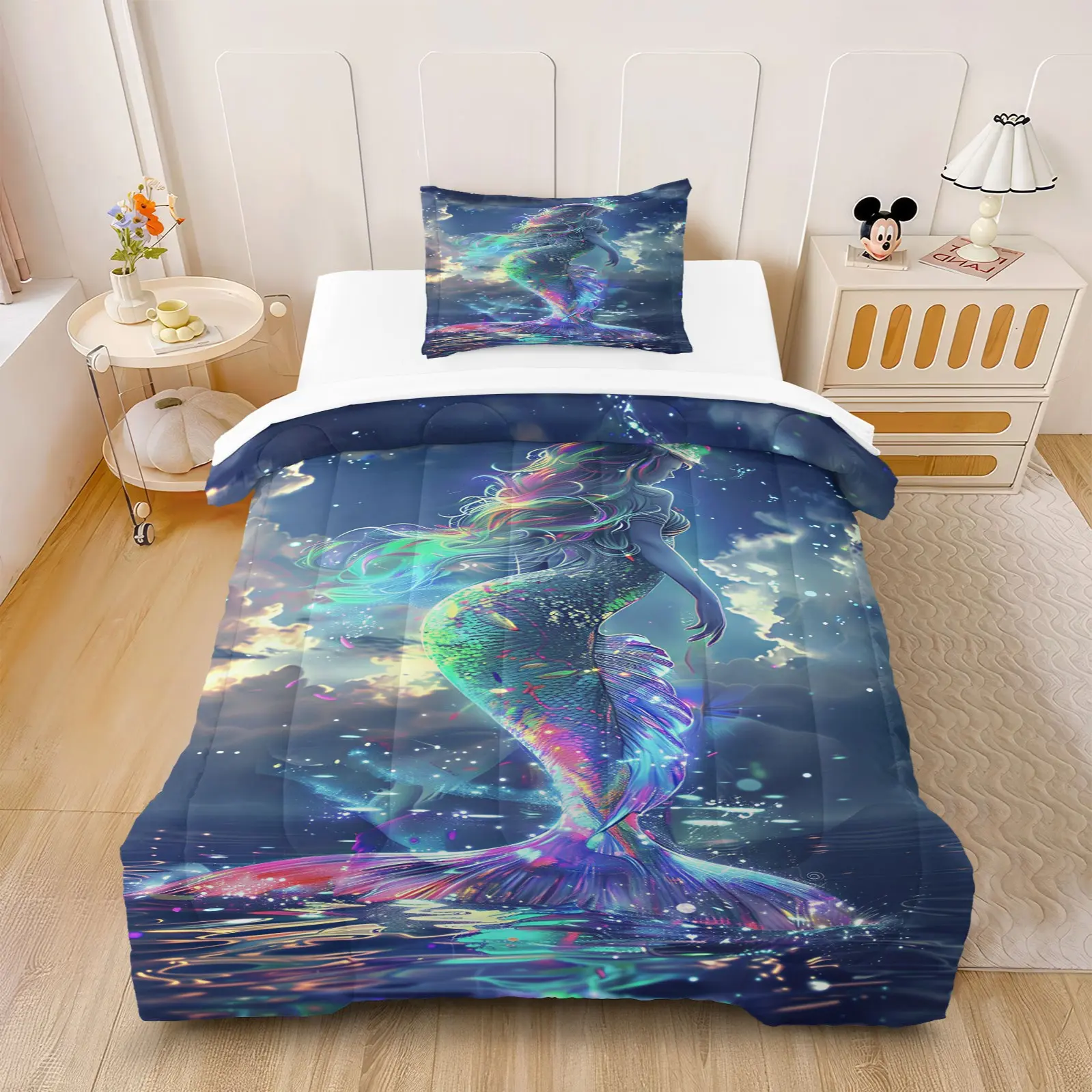 2/3-Piece Cartoon Dreamy Mermaid Print Quilt Set, Lightweight and Skin-Friendly Fabric, All-Season Home Bedding Ensemble (Includes Filling, Excludes Pillow Inserts)