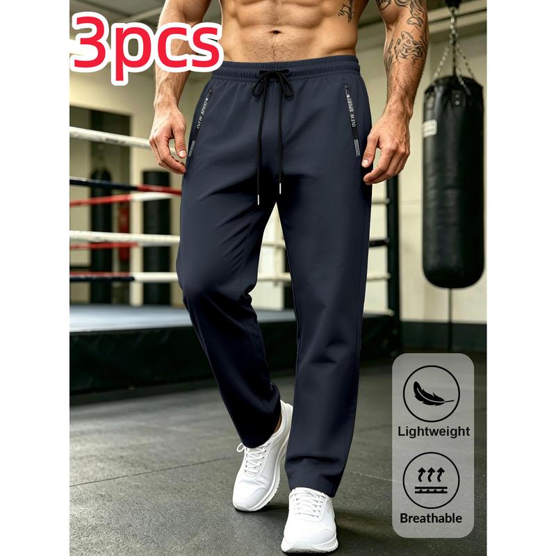 Men's 3PC Joggers - Male Clothing, Elastic Waistband with Drawstring, Embroidered, Quick-Drying, Breathable, Side Safety Zipper Pocket, Ideal for Gym, Running