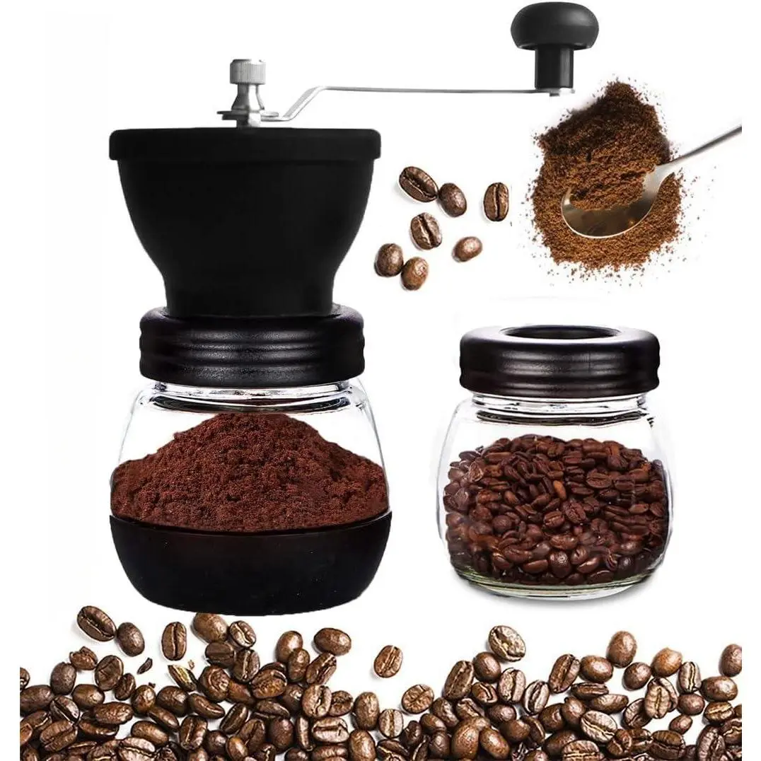Manual Coffee Bean Grinder with Ceramic Burr, Hand Coffee Grinder Mill Small with 2 Glass Jars( 11OZ per Jar) Stainless Steel Handle for Drip Coffee, Espresso, French Press, Turkish Brew