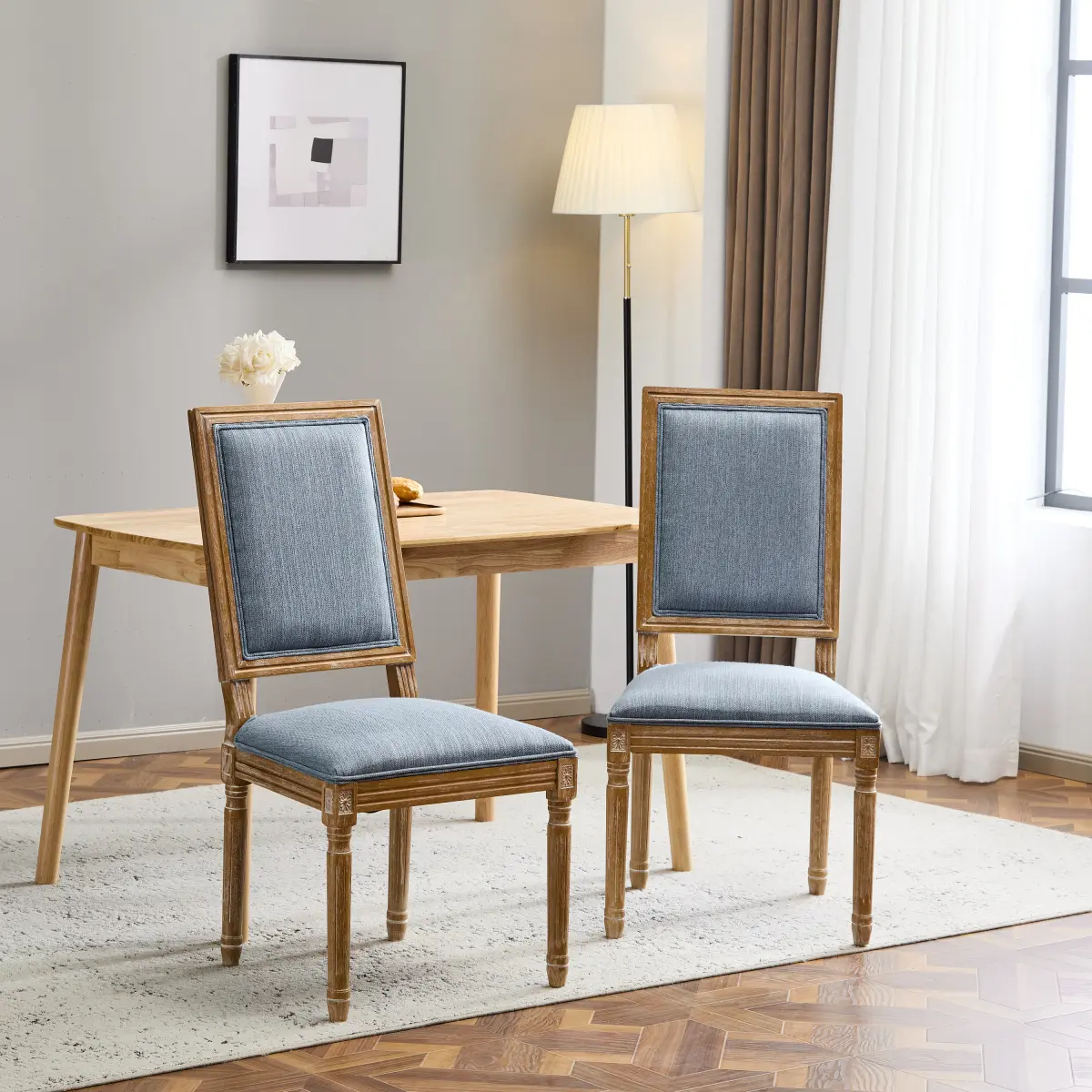 2-Piece French Country Dining Chairs - Elegant Cane Backrest, Upholstered Seats, Fluted Legs - Rustic Weathered Finish - Solid Rubberwood Frame - Vintage Indoor Kitchen Dining Room Chairs, Solid Frame
