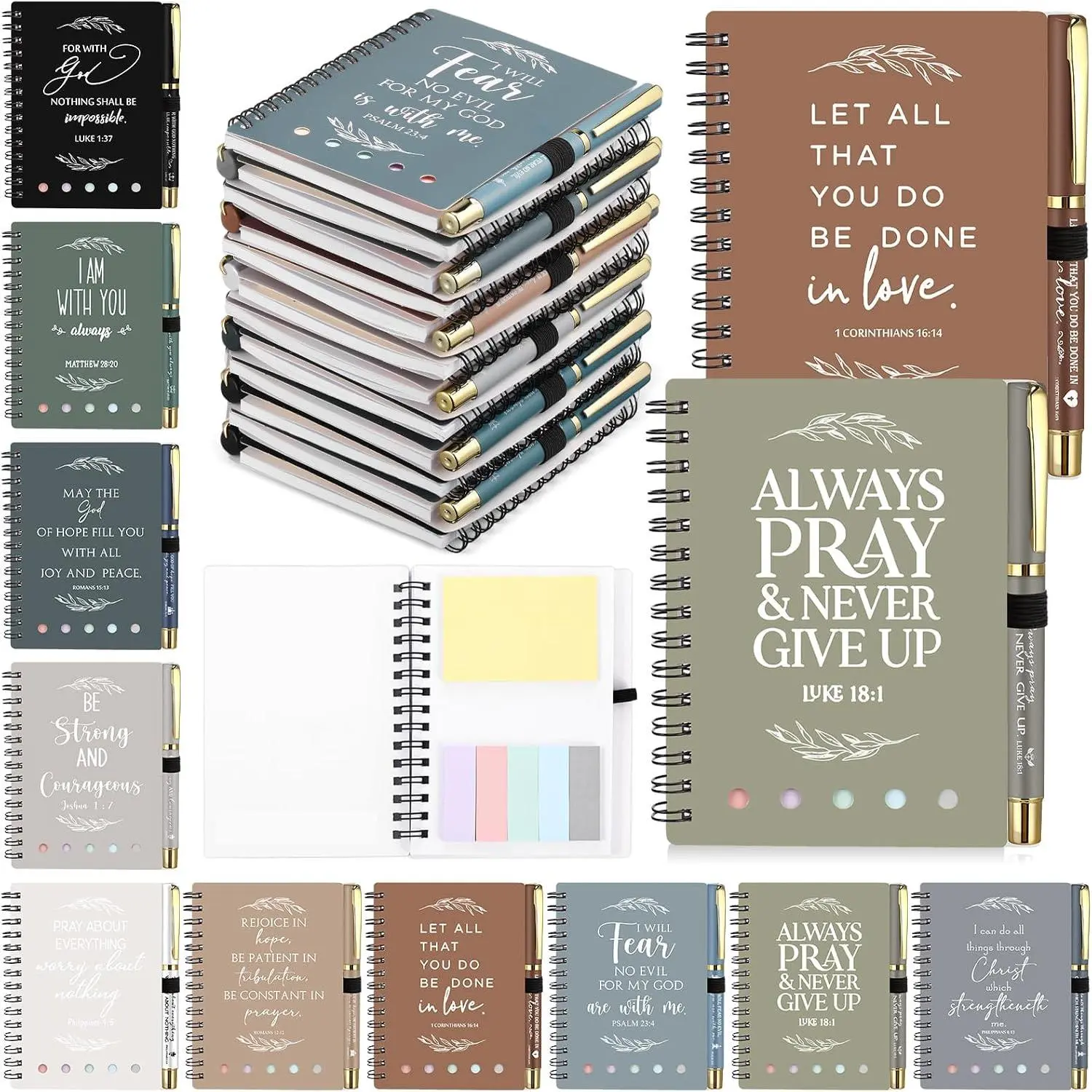 10 Set / 20 count Christian  Bulk Pocket Spiral Religious Notebook with Sticky Notes  Verse Pen Prayer Journal  for Church Men Women Vbs Sunday School Teacher  to School (Boho)