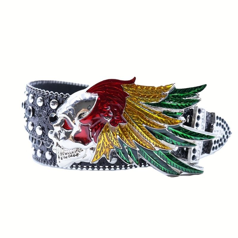 jewelry Rhinestone Black Belt Men Faux Leather Faux Leather PU Black Cross Skull Buckle Revits Belt, Unisex Western Music Festival Embellished Faux Glitter Print Belt With Rhinestone And Rivet, Music Festival Party Wear