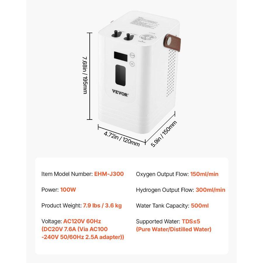 VEVOR Hydrogen Inhalation Machine, 99.99 High Purity Hydrogen Inhaler, HO-Separated 450ml/min (300 H+150 O) Three Ports Hydrogen Oxygen Inhaler, Hydrogen-Rich Water Generator for Home Travel