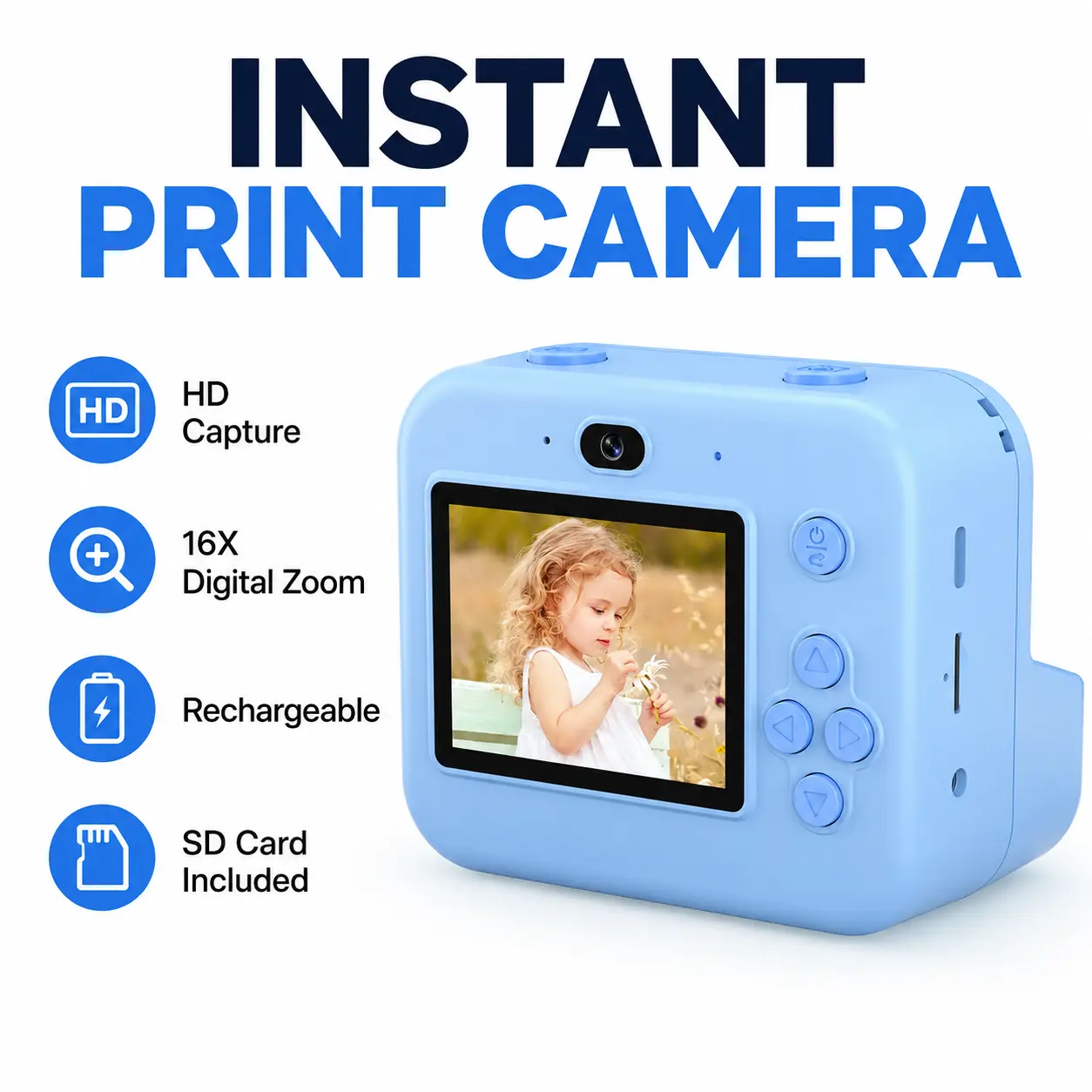 Portable Kids Instant Camera with Color Photo Printer, High Definition Digital Camera with 16X Magnification, Creative DIY Printing Kit for Birthday, Christmas & Family Fun