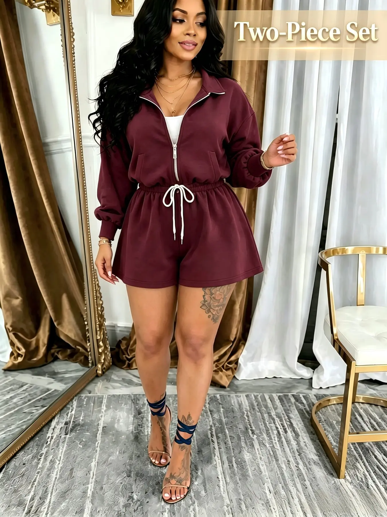 Women's Fall New Two-Piece Set, Zip Up Stand Collar Jacket & Side Stripe Wide Leg Pants, Lounge Tracksuit Outfit for Travel, Daily Wear & Airport Look