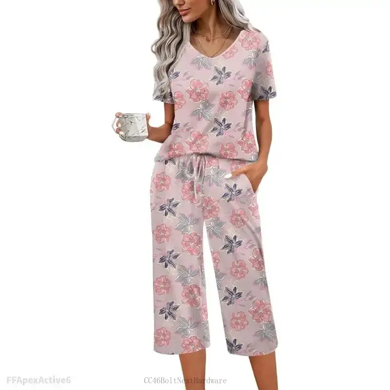 Women's 2-Piece Soft Cotton Pyjamas Set - Short Sleeve Top, Capri Pants Print Sleepwear Loungewear (S-XXL) FFApexActive6CC46BoltNestHardware, Shortsleeve