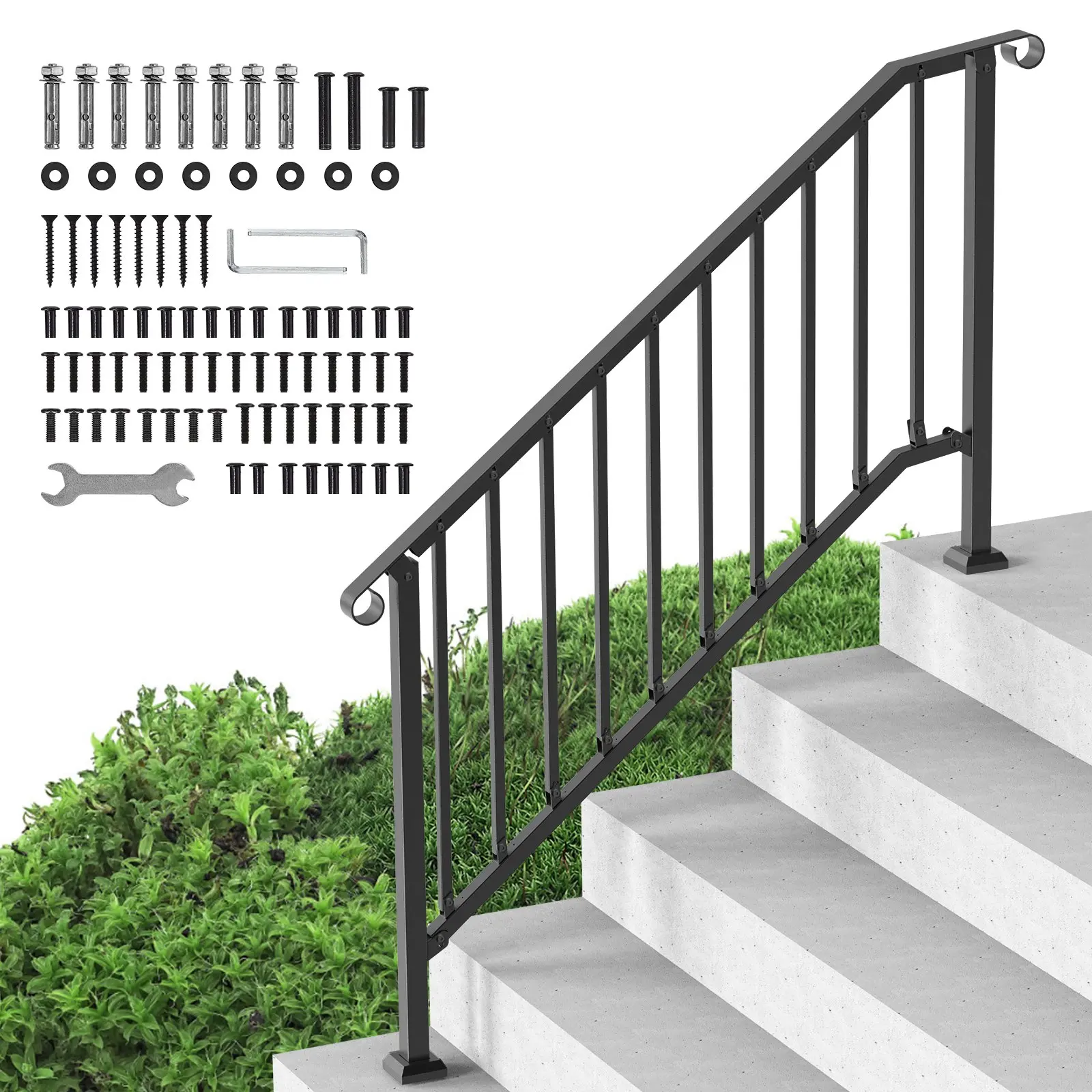 VEVOR Handrails for Outdoor Steps, 5 Step Stair Hand Rail Kit, Transitional Carbon Steel Railings with Installation Kit, Stair Rails for Seniors, Concrete Steps Porch Deck, Black Retro Arch