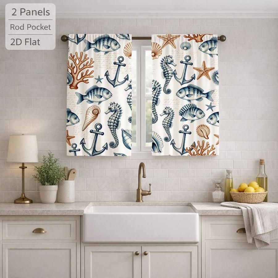 2 Pcs Nautical Themed Ocean Seahorse Fish Shell Anchor Pattern Sun Blocking Curtains Digital Printed Rod Pocket for Bedroom Office Kitchen Living Room Study Home Decor