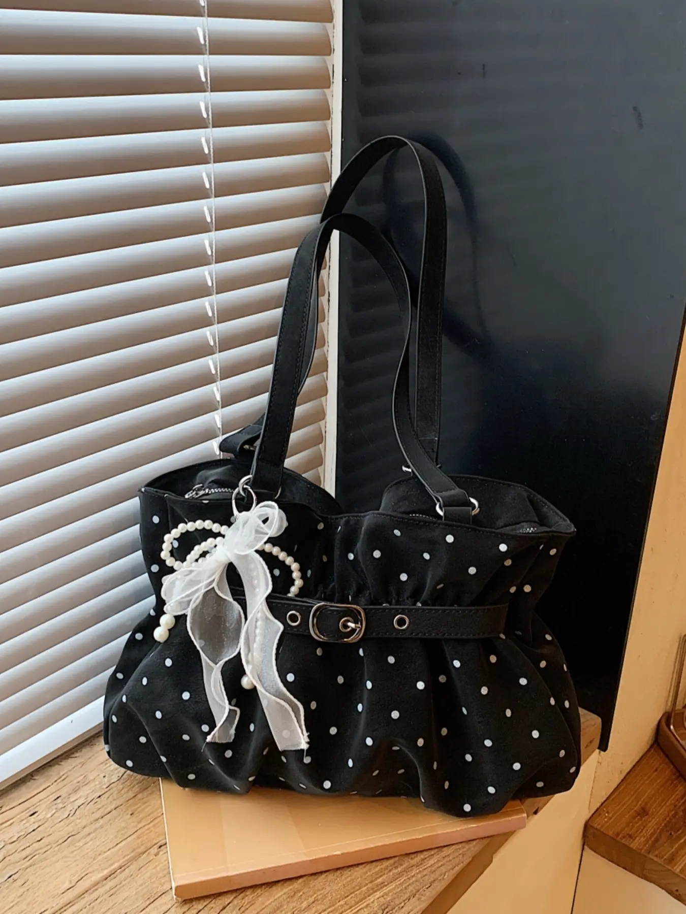 French pleated retro wave dot tote bag, paired with pearl bow pendant and belt decoration, lightweight embellished shoulder bag for daily commute, Fashionable bags