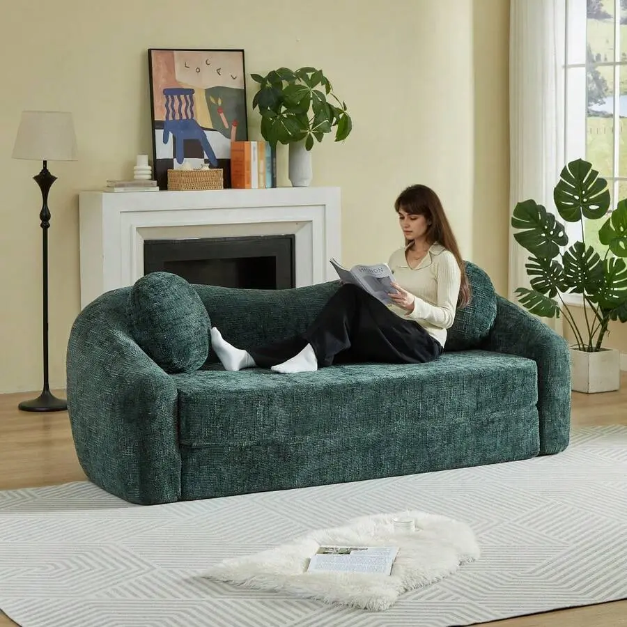 86-Inch Curved Convertible Sofa Recliner, 2-In-1 Frameless Folding Sofa Bed With Pull-Out Base And Deep Seat Design, Chenille Two-Seater Reclining Sofa, No Assembly Required  Beige