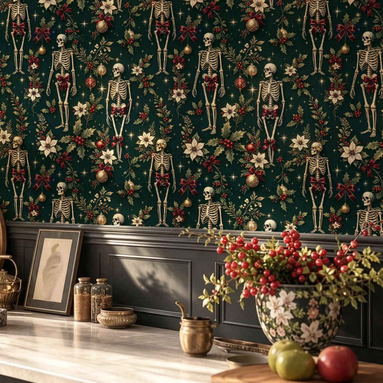 Vintage Skull Self-Adhesive Wallpaper, Halloween Christmas Theme PVC Floral Decor, Removable Wall Sticker for Bedroom, 44x300/500/1000cm