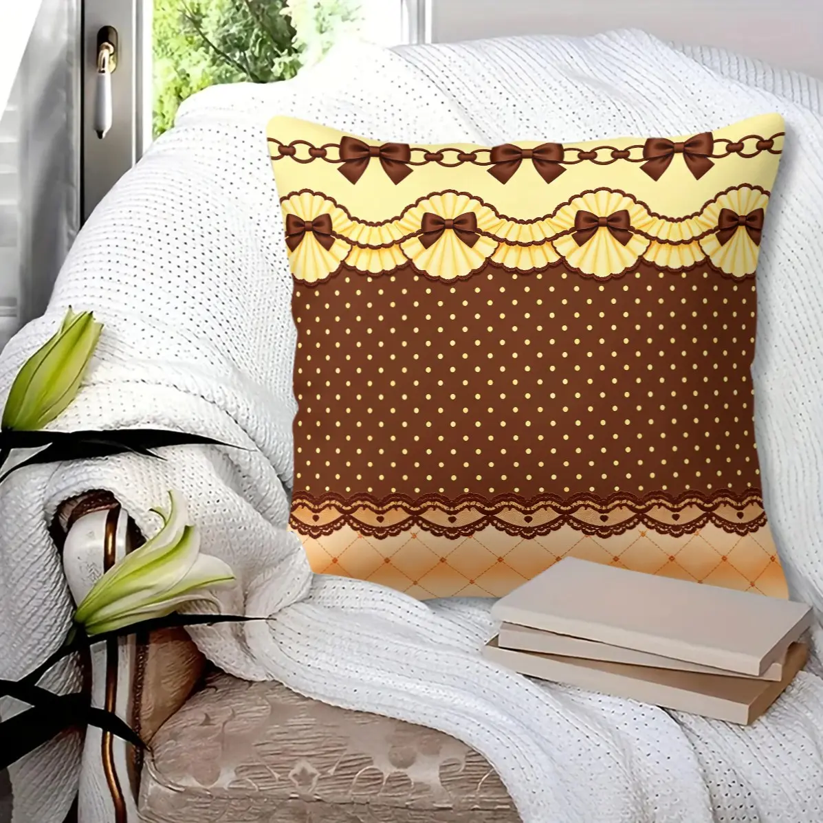 Bow Lace Trim Pillow, multi polka dot plaid prints, fluffy removable cover, sweet decor cushion for living room & bedroom (with insert)