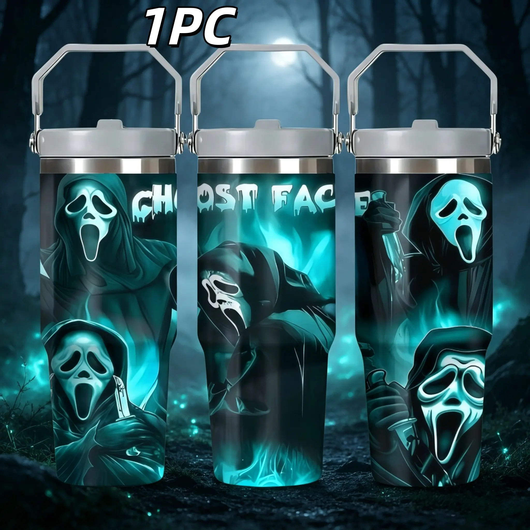 1PC Ghost Mask Scream Theme Water Bottle, Foldable Handle, 30oz Stainless Steel Vacuum Insulated, Leak-Proof Travel Cup, Halloween Gift