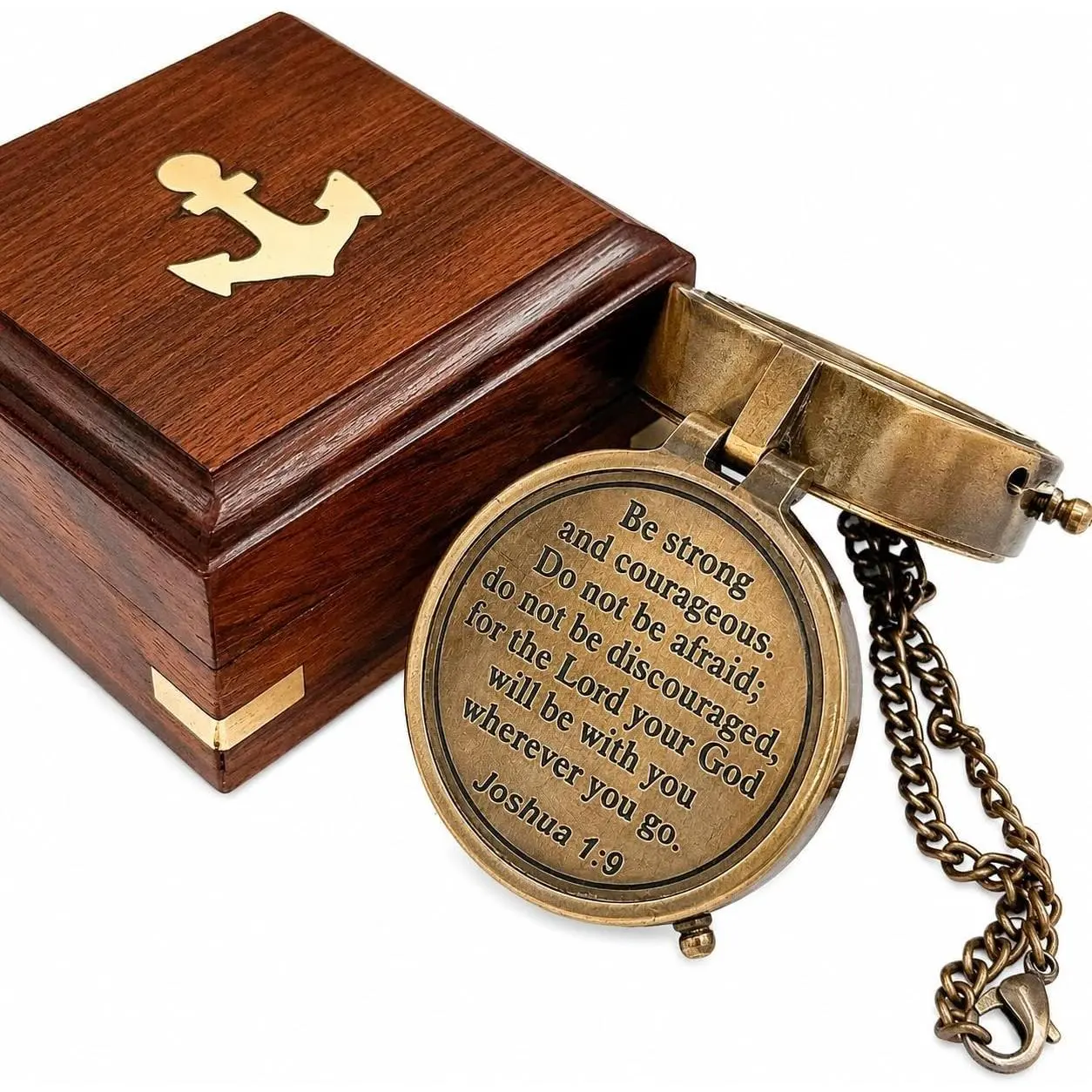 Antique Nautical Magnetic Compass with Engraved Scripture Quote Baptism Gift with Wooden Box for Son Father Husband Loved One