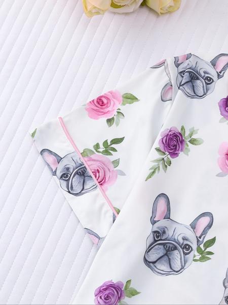 Women's  Dog and Floral  Print Shirt & Elastic Waist Shorts Pyjama Two-piece Set, Casual Comfy Short Sleeve  Top & Shorts Pj Set, Ladies Loungewear Sleepwear for All Seasons