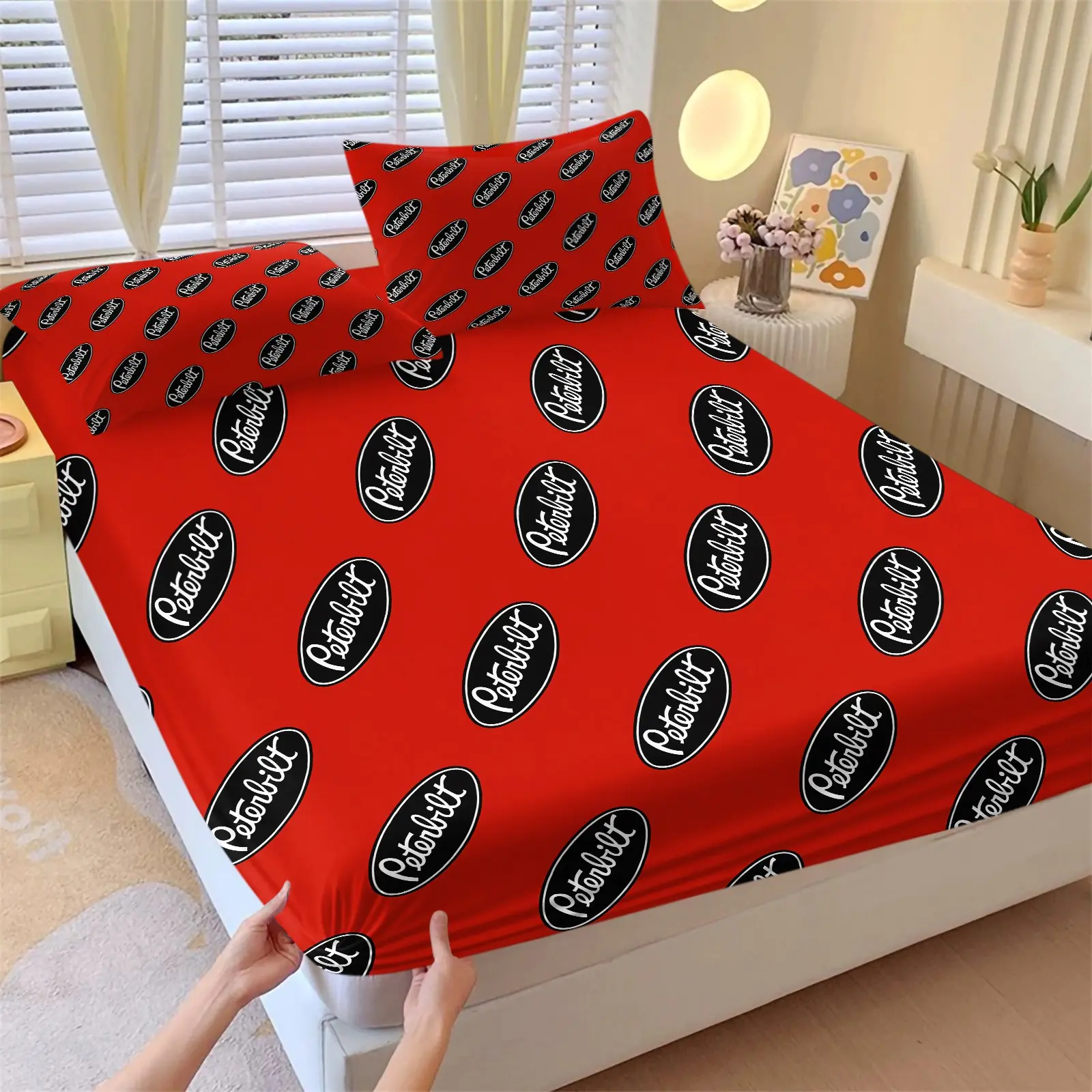 3PCS Red Peterbilt Oval Logo Repeat Print Fitted Sheet Set (1 Fitted Sheet + 2 Pillowcases), Soft Comfortable Breathable Elastic Microfiber Bedding, Non-Slip Deep Pocket Mattress Protector, Classic Retro Truck Style Decor For Bedroom