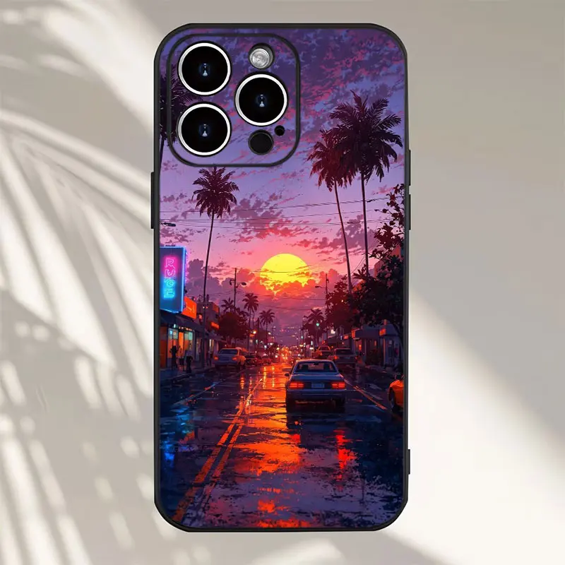 Vaporwave Miami Neon Sunset Street Phone Case,Palm Tree Wet Road Retro Anime Scene for iPhone17/16/15/14/13/12/11Plus Pro Max,Summer Coastal Cool Trendy Accessory Gift