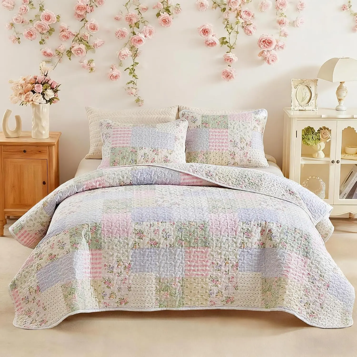 3 Pieces Queen Size Floral Cotton Quilt Set for Girls, Colorful Flowers Grids Patchwork Design, Cozy Lightweight Cotton Quilt Bedspread Bed Cover for All Season 90x90 inches