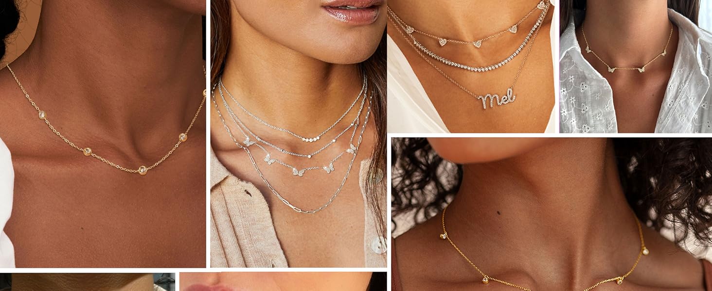 Dainty Silver Gold Necklaces for Women Trendy Non Tarnish 14K Gold Plated Cubic Zirconia Necklace Layered Cute Butterfly Heart Station Choker Necklace Stack for Wedding Prom Brides Jewelry