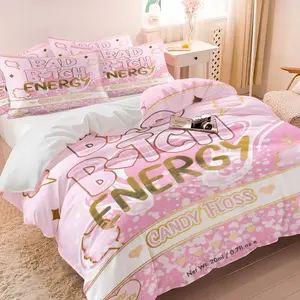 Pink Candy Floss Funny Slogan Printed Bedding Set, 1 Duvet Cover + 1/2 Pillowcases, No Filling, HD All Season Print, Soft Breathable Bedding, Cute Cotton Candy Heart Bubble Pattern for Teen Girls Bedroom Decor, Easy to Clean
