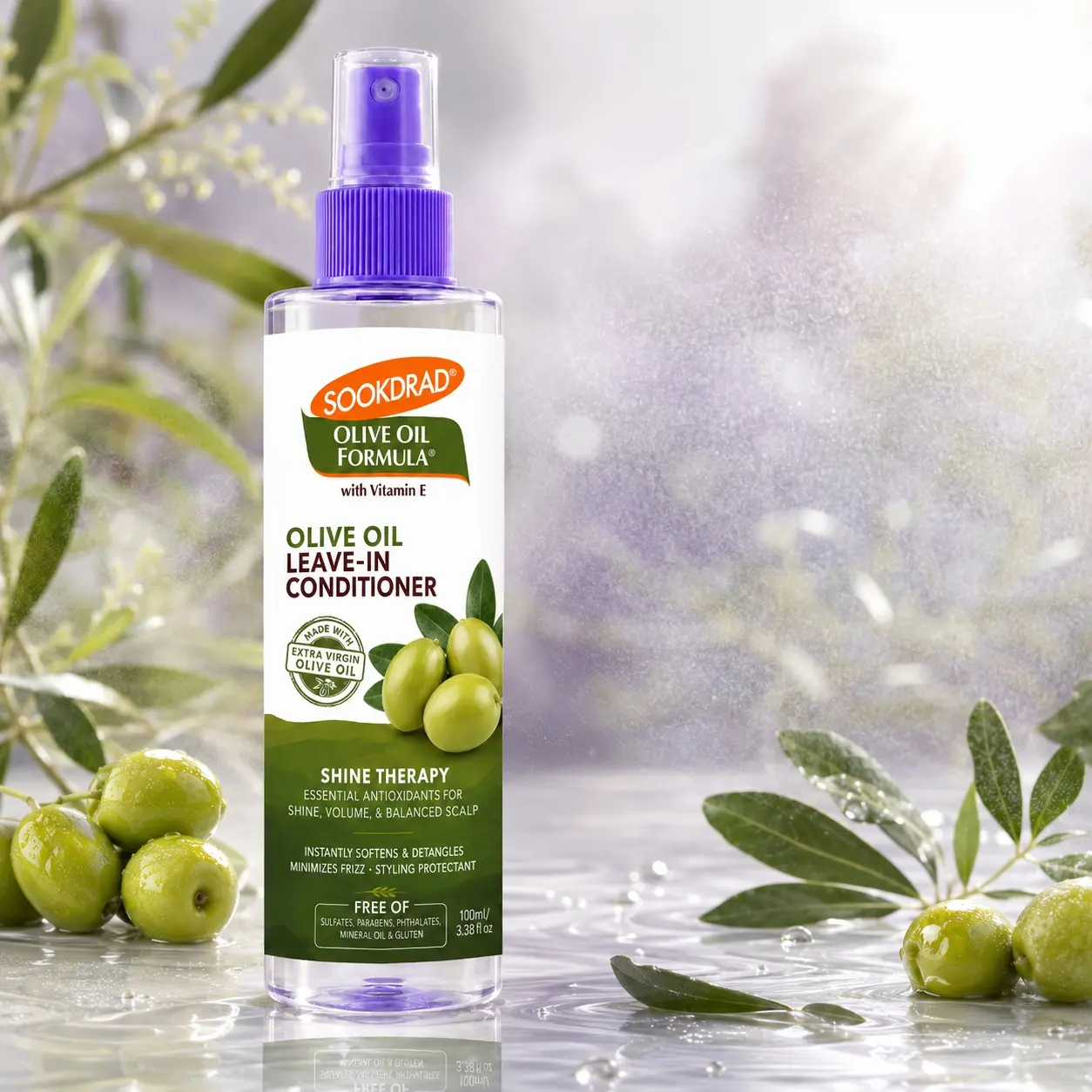 Olive Oil Leave-In Conditioner, Leave In Hair Treatment, extra virgin olive oil, vitamin E, soften, detangle, minimize frizz, styling protectant, shine, volume, balanced scalp, antioxidant, for hair, 100ml/3.38 fl.oz