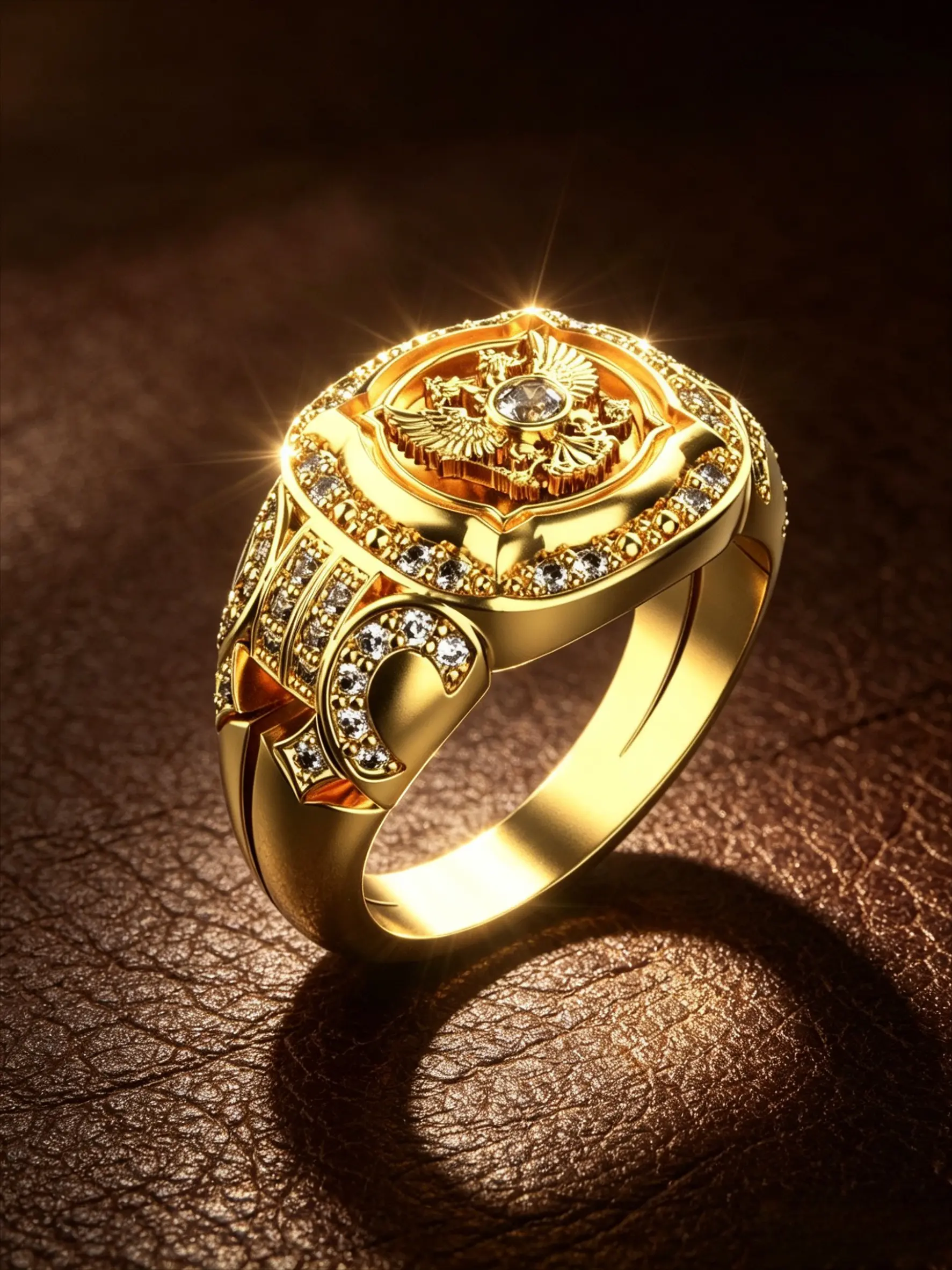 Double Head Eagle Embossed Halo CZ Signet Ring, Gold Tone Stainless Steel Wide Men Band, Tarnish Resistant Hypoallergenic Imperial Statement Jewelry Gift For Him