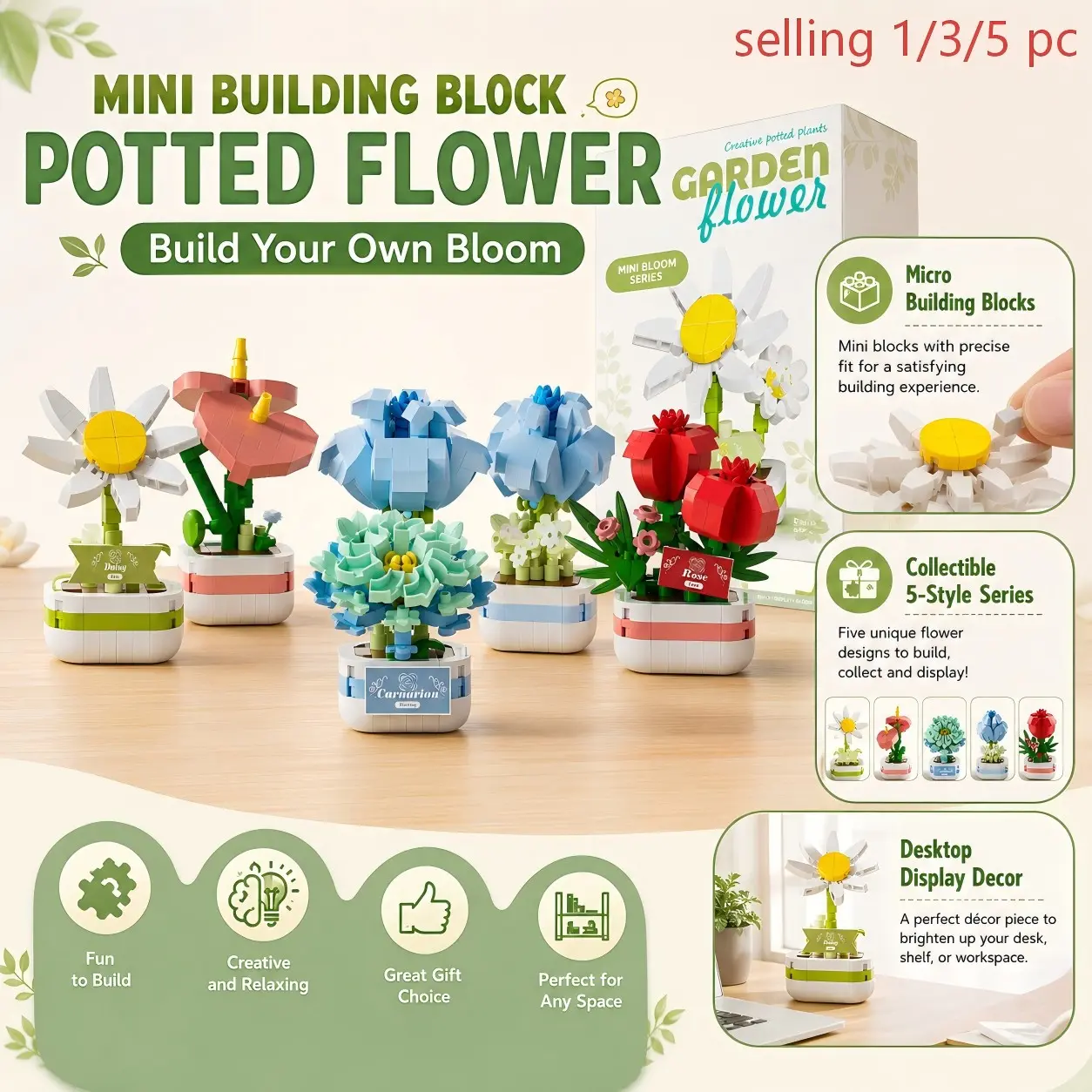 1 / 3 / 5 Pcs Micro Building Block Flower Pot Toy, Cute Novelty Gift Style, DIY Daisy Rose Hydrangea Carnation Series, Fun to Build and Display, Small Size, Bright Colors, Creative Hobby Toy, For Kids, Girls, Friends, Desk Decor, Party Gift