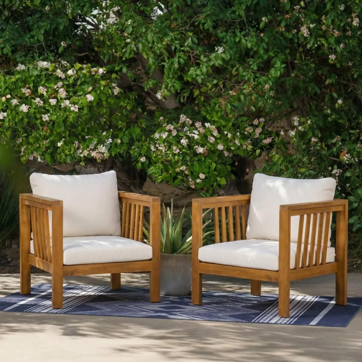 AobtkelChristopher Knight Home® Set of 2 Outdoor Acacia Wood Club Chairs with Modern Square Arms, 2-Piece Patio Conversation Set with Thick Cushions, Adjustable Leveling Feet for Poolside, Backyard & Deck, Beige Cushions