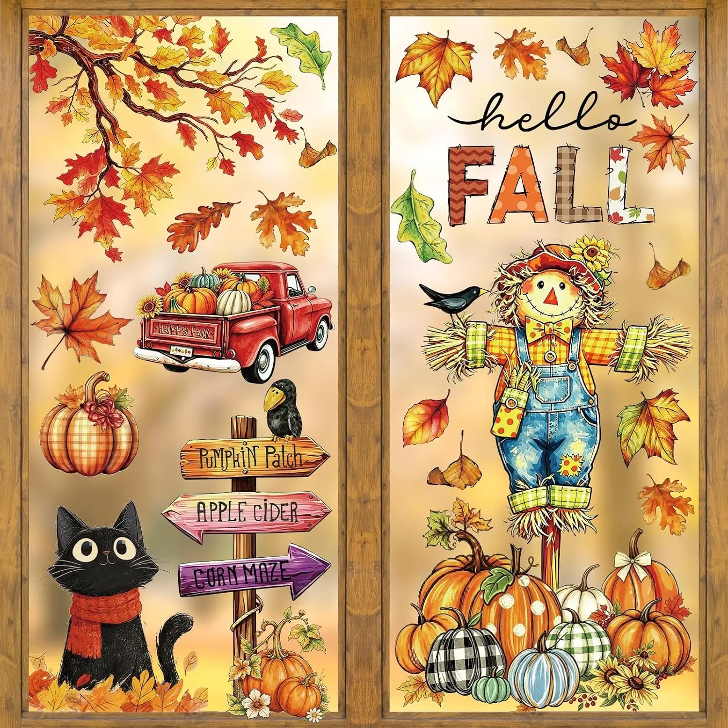 Fall Leaves Window Clings 6 Sheets, Large Scarecrow Pumpkin Reusable Window Decals Stickers for Home Office Autumn Thanksgiving Party Decorations