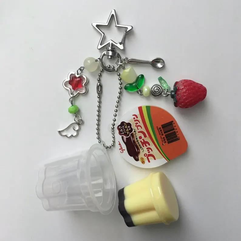 Japanese Pudding Keychain, Pink Yellow Egg Flan Charm, Y2K Heisei Retro Aesthetic Beaded Accessory