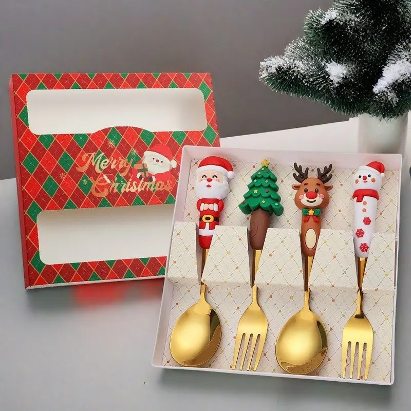 4-Piece Stainless Steel Christmas Flatware Set with Gift Box,Forks and Spoons Set for Home, Dessert, Coffee, Ice Cream Stirring Tableware Holiday Party Decor Supply (Red box, H)