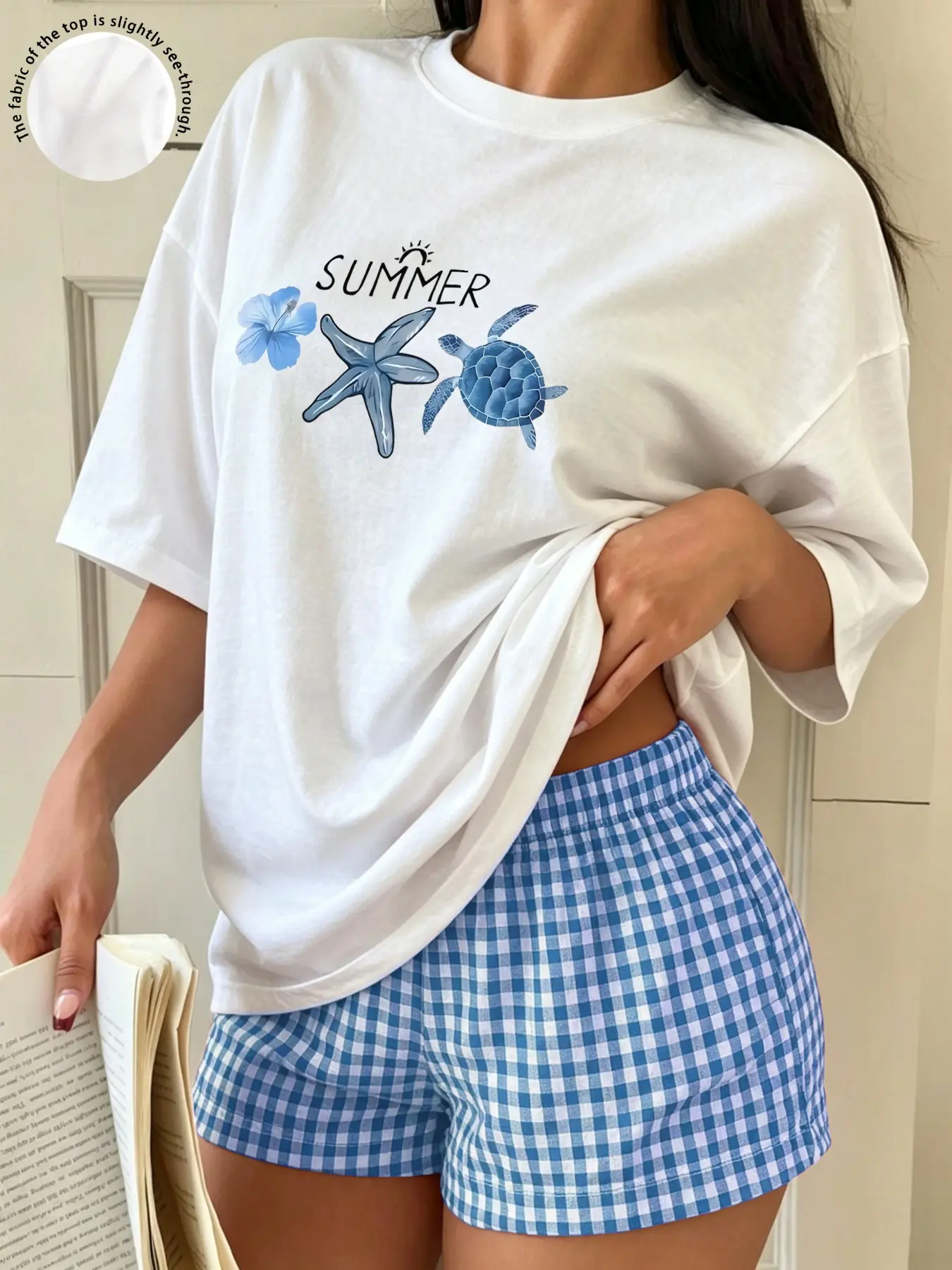 2 pieces, retro printed with "SUMMER" turtle flower print loose baggy short sleeved top+blue and white checkered waist logo elastic waist shorts set, women's summer casual outdoor/home/date versatile set Outfit