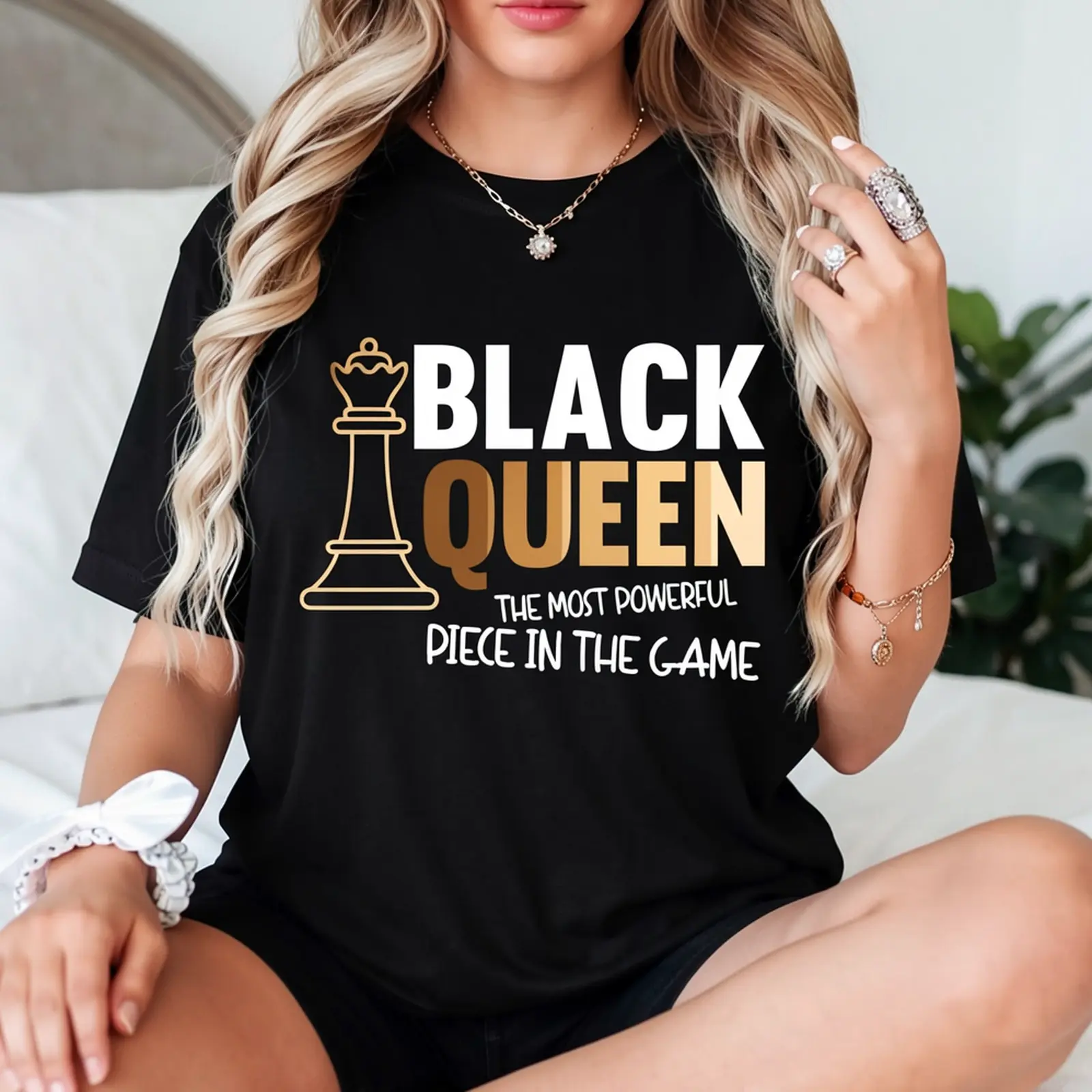 Women's Black T - Shirt with Chess Queen Graphic & 'Black Queen The Most Powerful Piece' Text - Casual Wear for Chess Enthusiasts, Daily Outings
