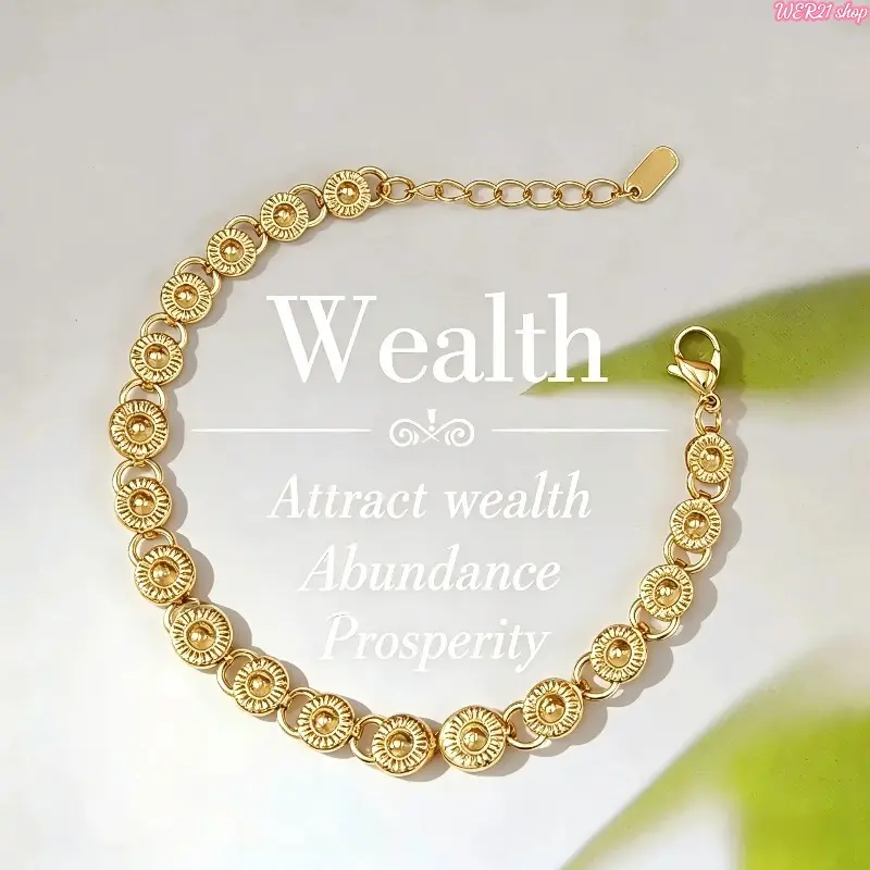 [WER14K Gold Plated Textured Coin Link Bracelet for Women, Dainty Embossed Circle Chain Bracelet, Adjustable Stackable Waterproof Minimalist Gold Bracelet, Fashion Elastic Stretch Bracelet, Bracelet For Wealth, Abundance & Prosperity, Jewelry Gift for Her