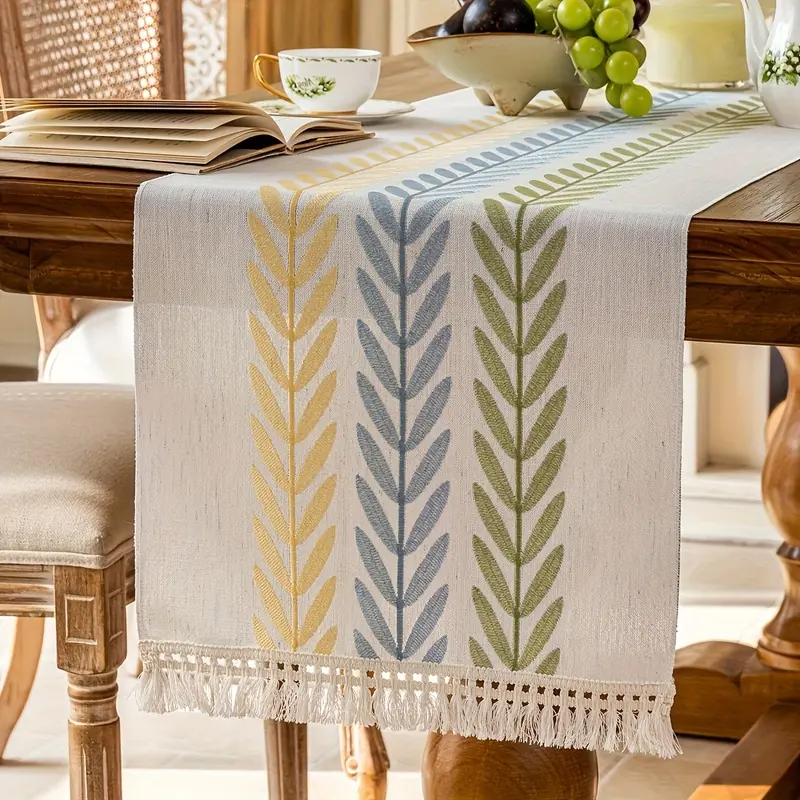 White Embroidered Floral Vine Table Runner With Tassel Fringes, Fresh Romantic Style Table Linen, Elegant Tassel Decor For Kitchen, Dining Room, Coffee Table, Daily Household Layout & Wedding Party Event Decorations
