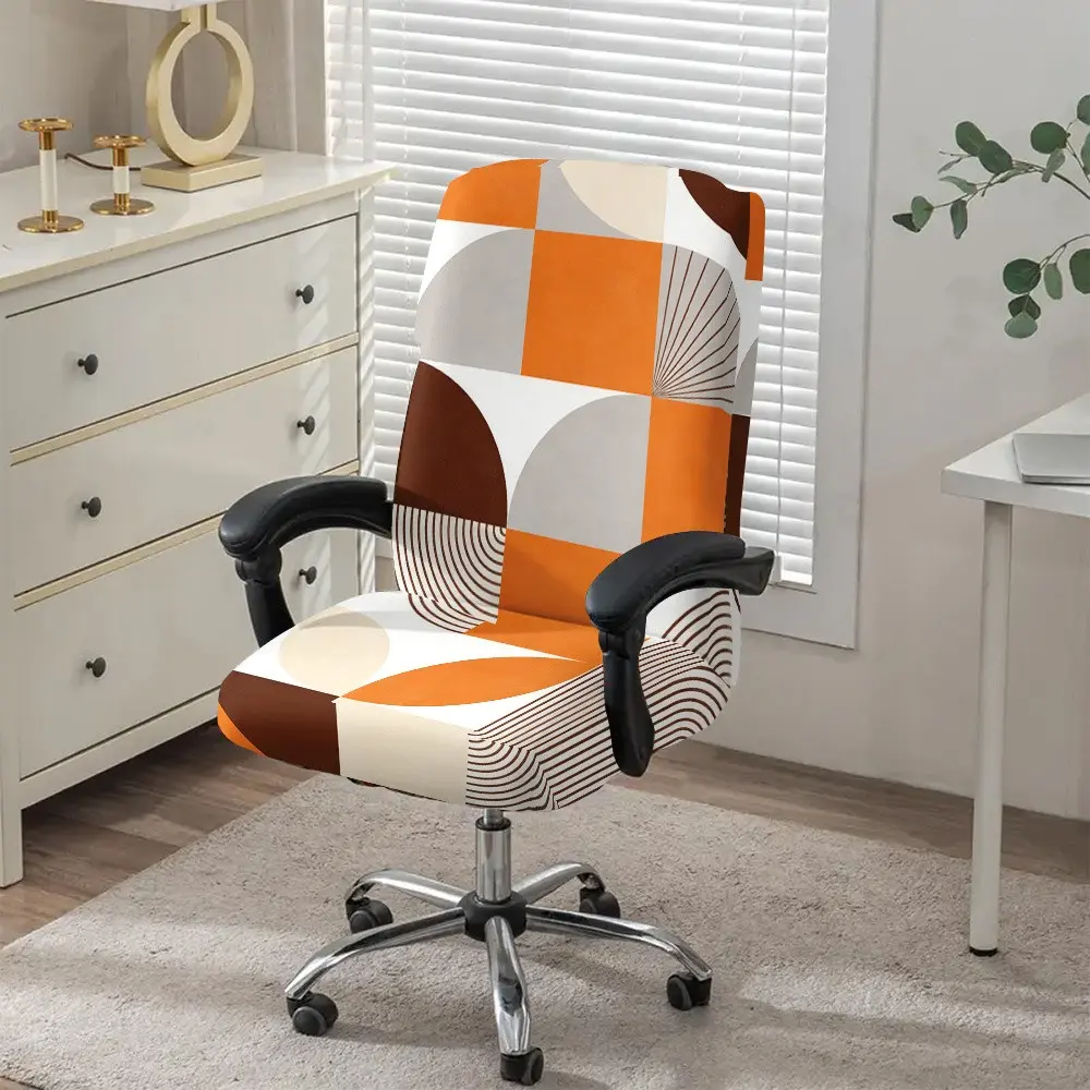 Retro orange-brown geometric semi-circular pattern printed stretch all-cover office chair cover, anti-slip washable zipper office chair cover, suitable for office, bedroom and game chair decoration, as well as a holiday gift