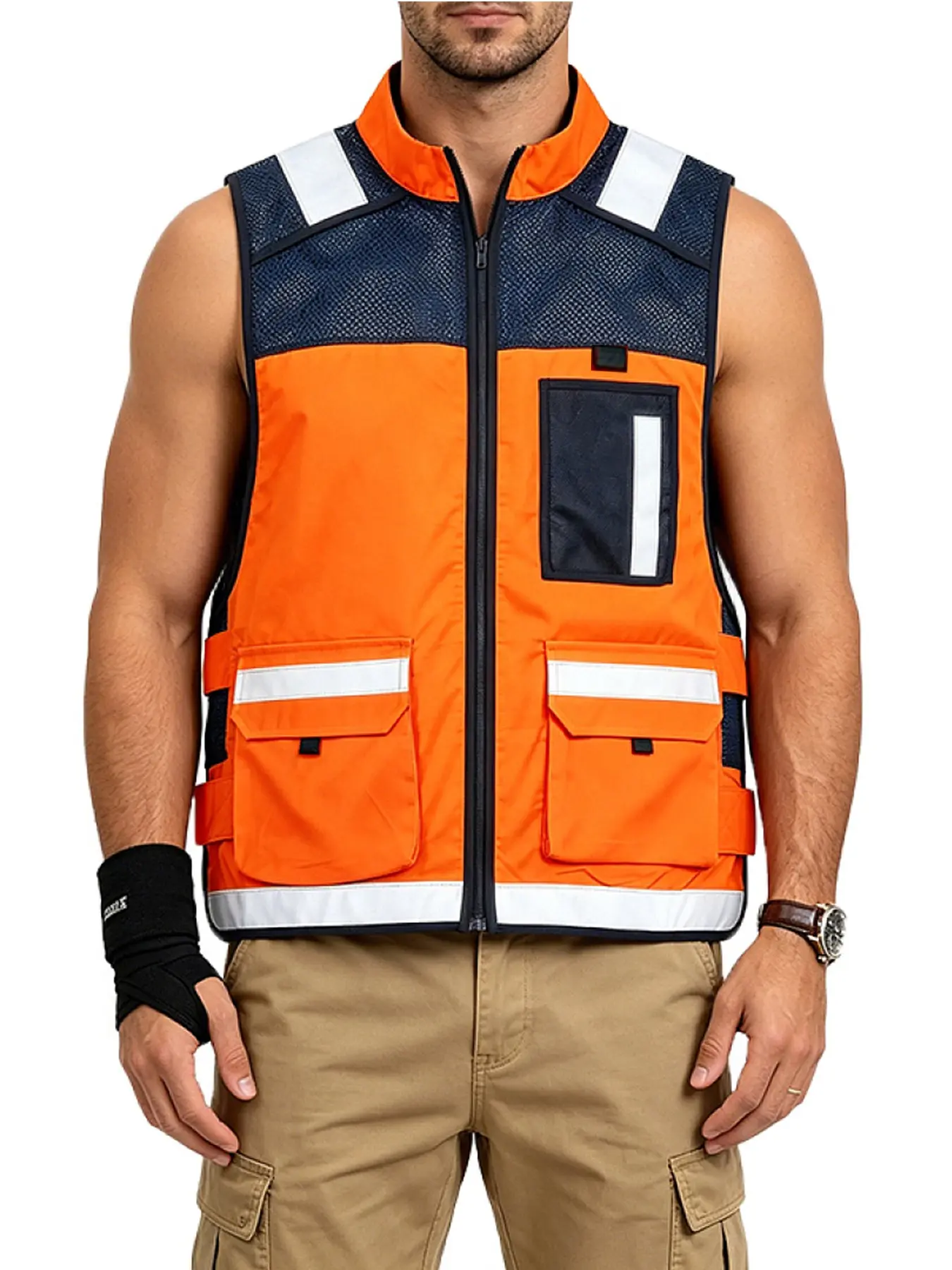 Men's Commuter Outdoor Work Vest, Mesh Breathable Multi-Pocket High Visibility Reflective Stripes, Sanitation Delivery Patrol Jacket