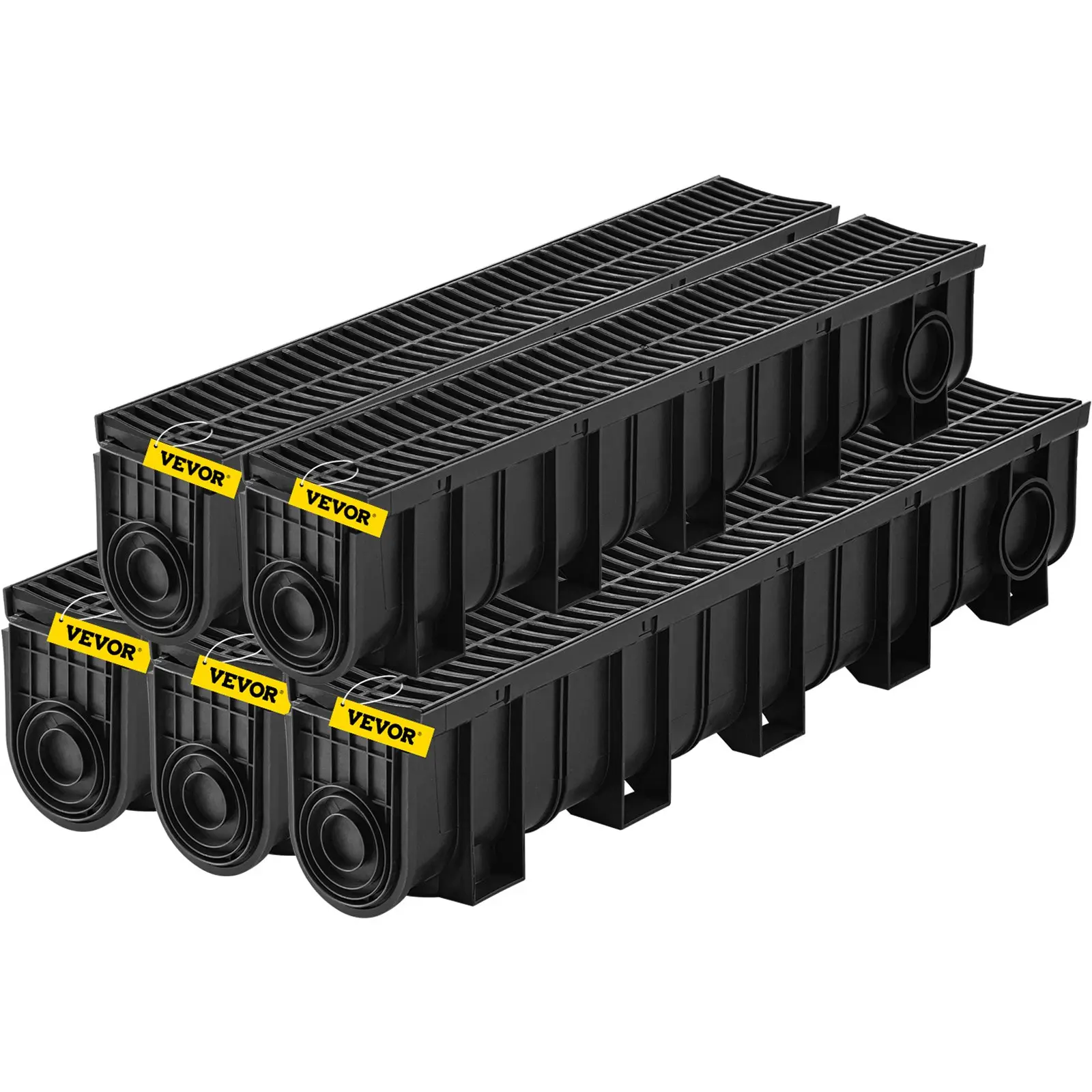 VEVOR 5-Pcs Low-Profile Trench Drain System, 5.9x7.5x39.4 in HDPE Channel Drain with Interlock Fit, Black Plastic Grate (5x39 in), 5x End Cap & Multiple Outlets for Outdoor Garage Floor, Driveway, Pool