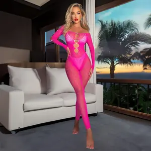 Rhinestone Dot Open Crotch Striped Full Fishnet Bodystocking Lingerie
