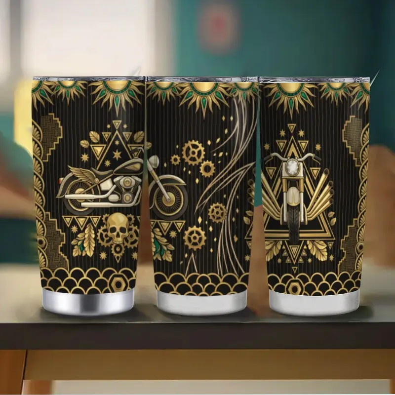 Sturdy Classic Vintage Mechanical Motorcycle & Gold Gears Stainless Steel Insulated Flask, Portable Lightweight Steampunk Travel Coffee Cup with Straw & Sliding Lid, Hot/Cold Drinkware for Highway Riding, Unique Rider Gift