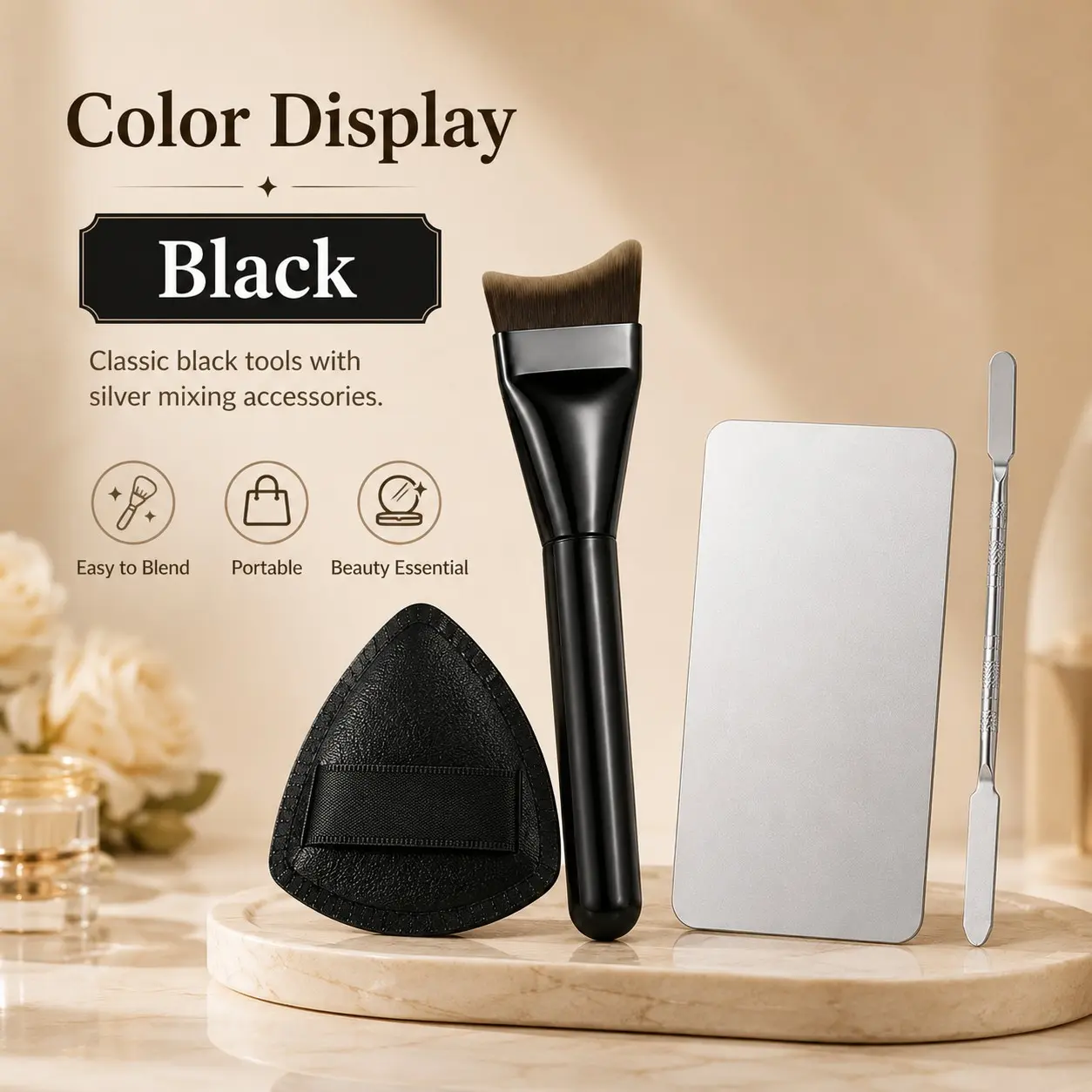 4pcs Foundation Makeup Mixing Set, Angled Brush, Metal Palette, Double-End Spatula, Triangle Puff, Professional Blending Tools