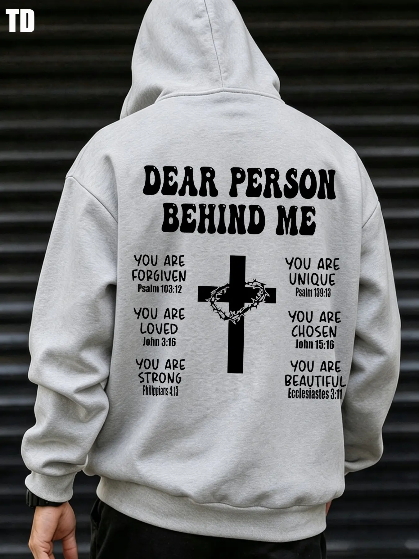 TD Bible Verse Quote Inspirational Cross Hoodie, American Vintage Religious Style, Half-Zip Sweatshirt, Casual Long Sleeve Top for Fall & Winter