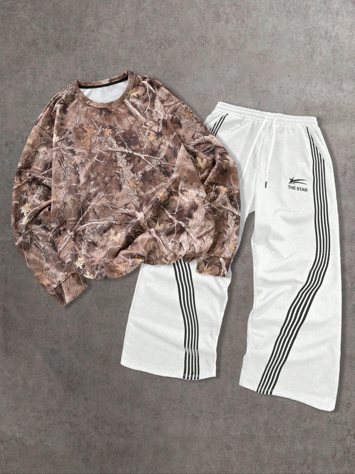 Two-piece Set Men's Branch Print Drop Shoulder Sweatshirt & Striped Print Wide Leg Pants, Regular Fit Casual Fashion Cozy Round Neck Long Sleeve Pullover & Elastic Waist Trousers for Daily Wear, Men's Outfits for Fall & Winter